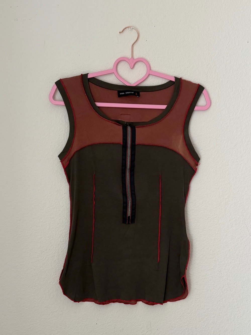 Cop Copine Sleeveless Olive Grey and Rust Contrast Tank Top